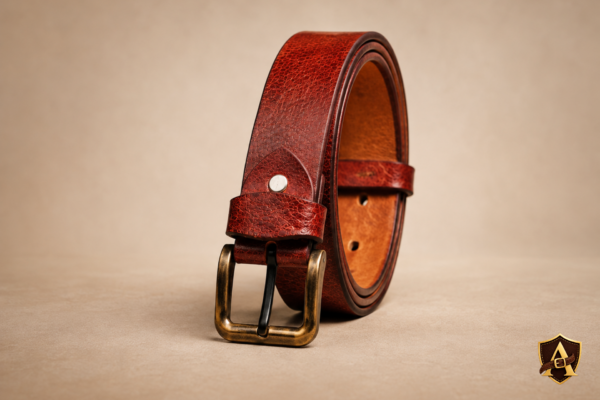 Textured Red-Brown Leather Belt with Antique Brass Buckle