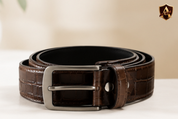 Luxury Brown Crocodile-Embossed Leather Belt